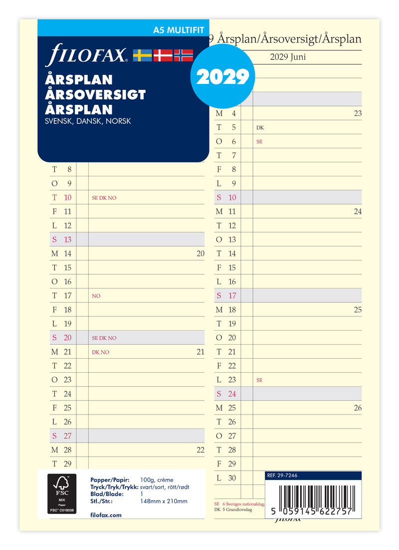 Filofax - A5 Refill 2029 Årsplan