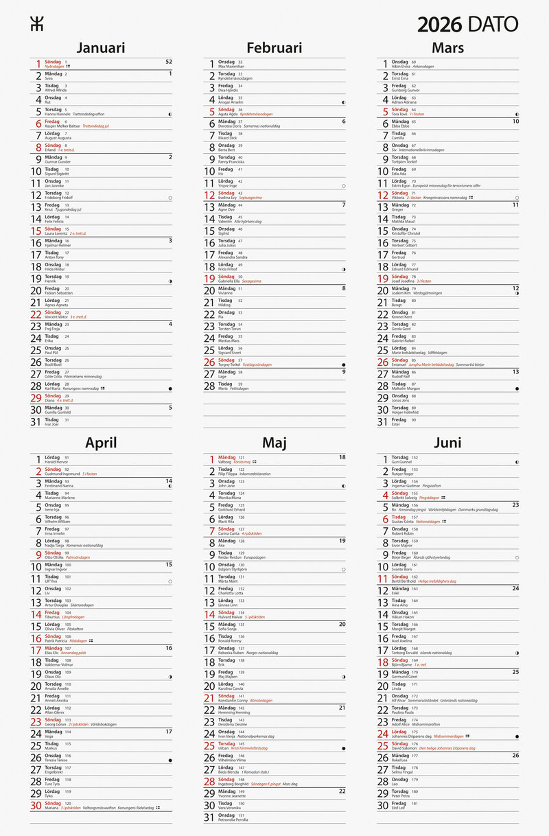 Datokalender 22 x 34 cm · Med namnsdagar, Plats för anteckningar · Kraftig kartong · 6 månader/sida